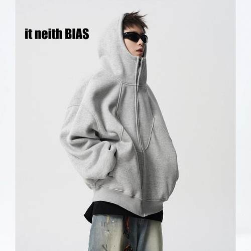 it neith BIAS重磅解构连帽外套男冬潮牌设计感卫衣加绒情侣帽衫