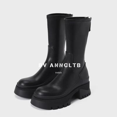BV ANNCLTB厚底薄款时装靴子英伦风马丁靴真皮松糕底短靴中筒靴