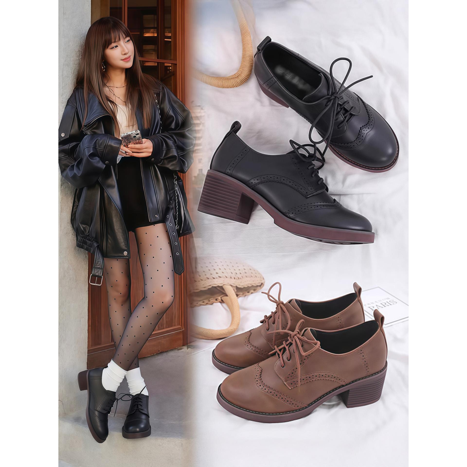 香港真皮布洛克小皮鞋女英伦风中跟单鞋2025新款春秋百搭覆古系带