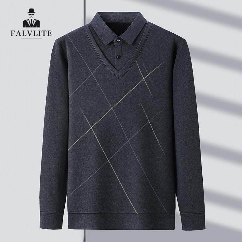 FALVLITE秋冬季假两件衬衫领男士冬装内搭毛衣保暖加绒加厚打底衫