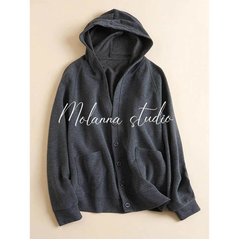 Molanna连帽卫衣外套女春秋装新款宽松百搭文艺纯色休闲长袖上衣