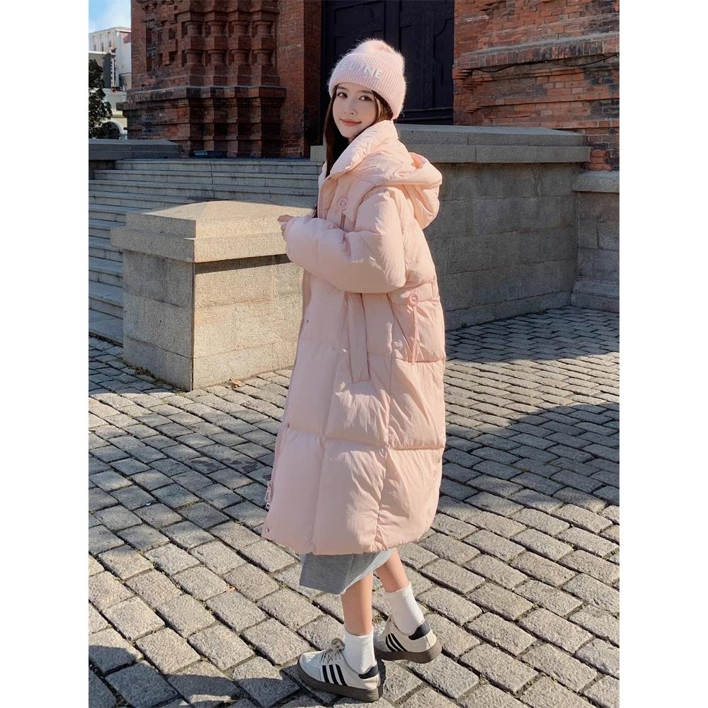 英国DHWA粉色韩版中长款过膝白鸭绒羽绒服女冬季加厚外套