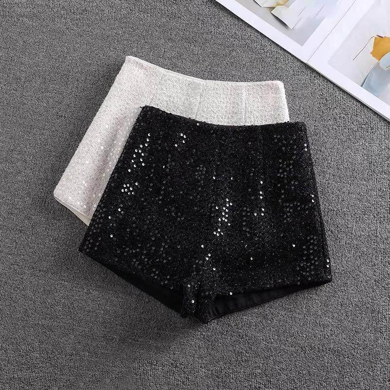 2024春秋新款亮片短裤女高腰显瘦紧身包臀性感A字热裤外穿靴裤