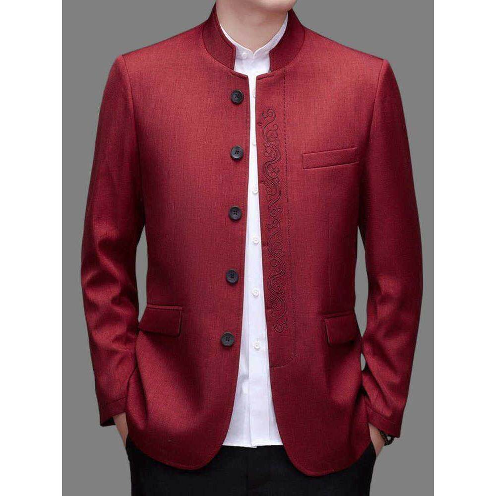 中山装男士春秋外套中老年唐装新中式结婚西服红色衣服爸爸装套装