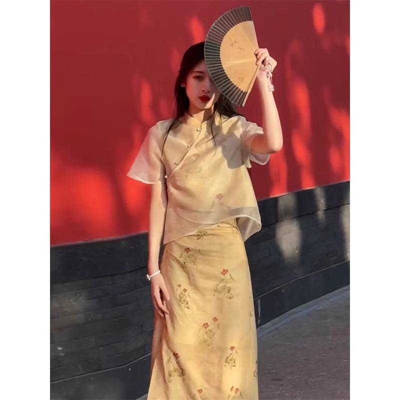 欧洲站2024夏季新款新中式旗袍改良年轻款少女国风连衣裙两件套装