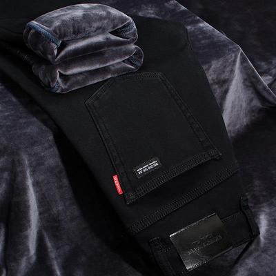 香港高端加绒加厚牛仔裤男直筒修身弹力保暖冬裤休闲 黑色长裤冬