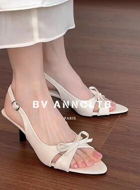 BV ANNCLTB新款法式漆皮露趾仙女风蝴蝶结凉鞋尖头后空细跟高跟鞋