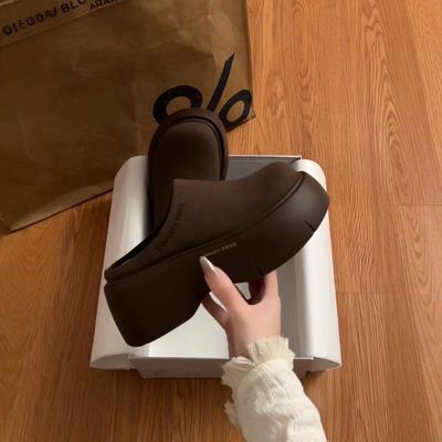 英国真皮厚底勃肯包头半拖鞋女外穿2025新款秋冬一脚蹬增高博肯鞋