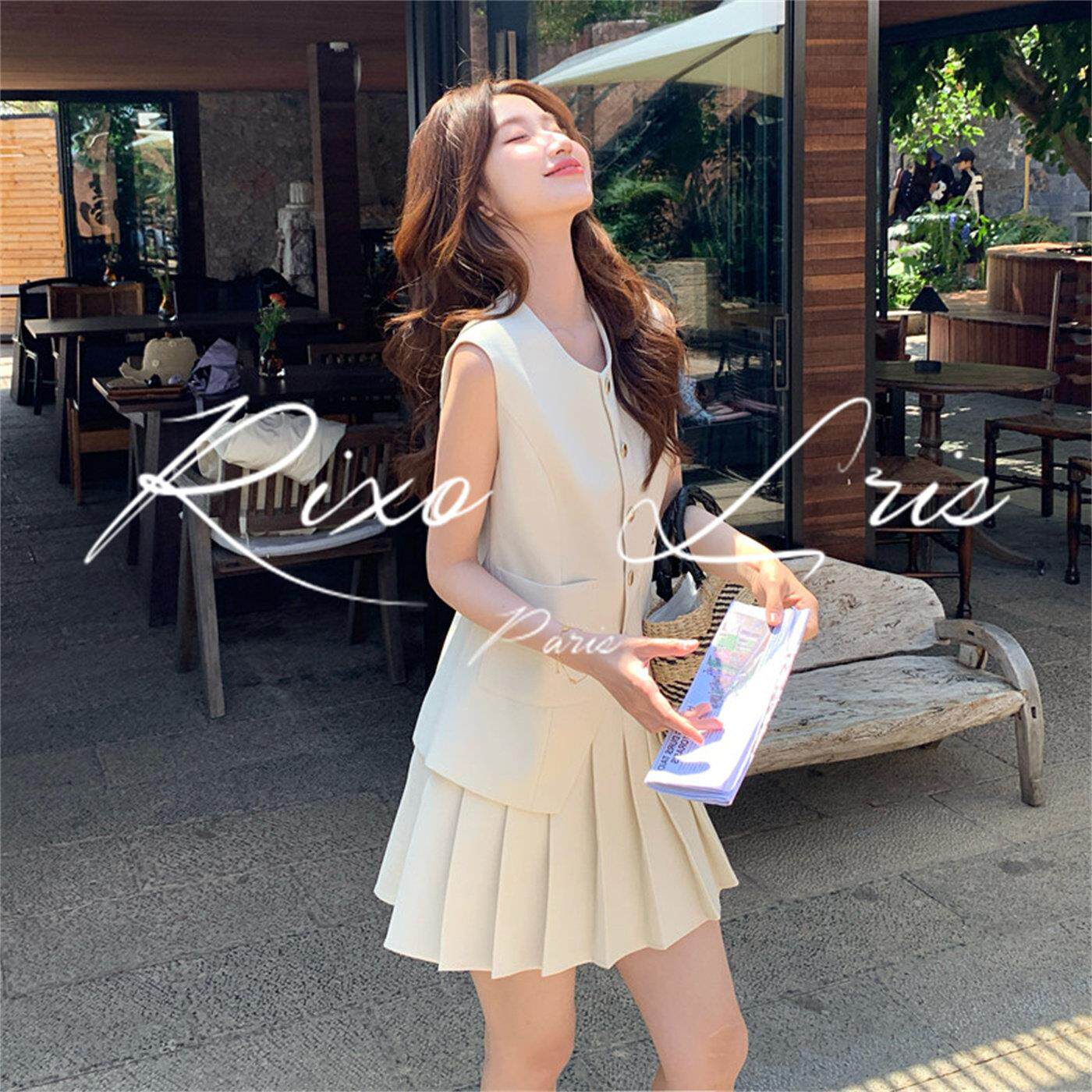 RIXO LRIS法式小香风无袖西装马甲套装女夏高级感百褶短裙两件套