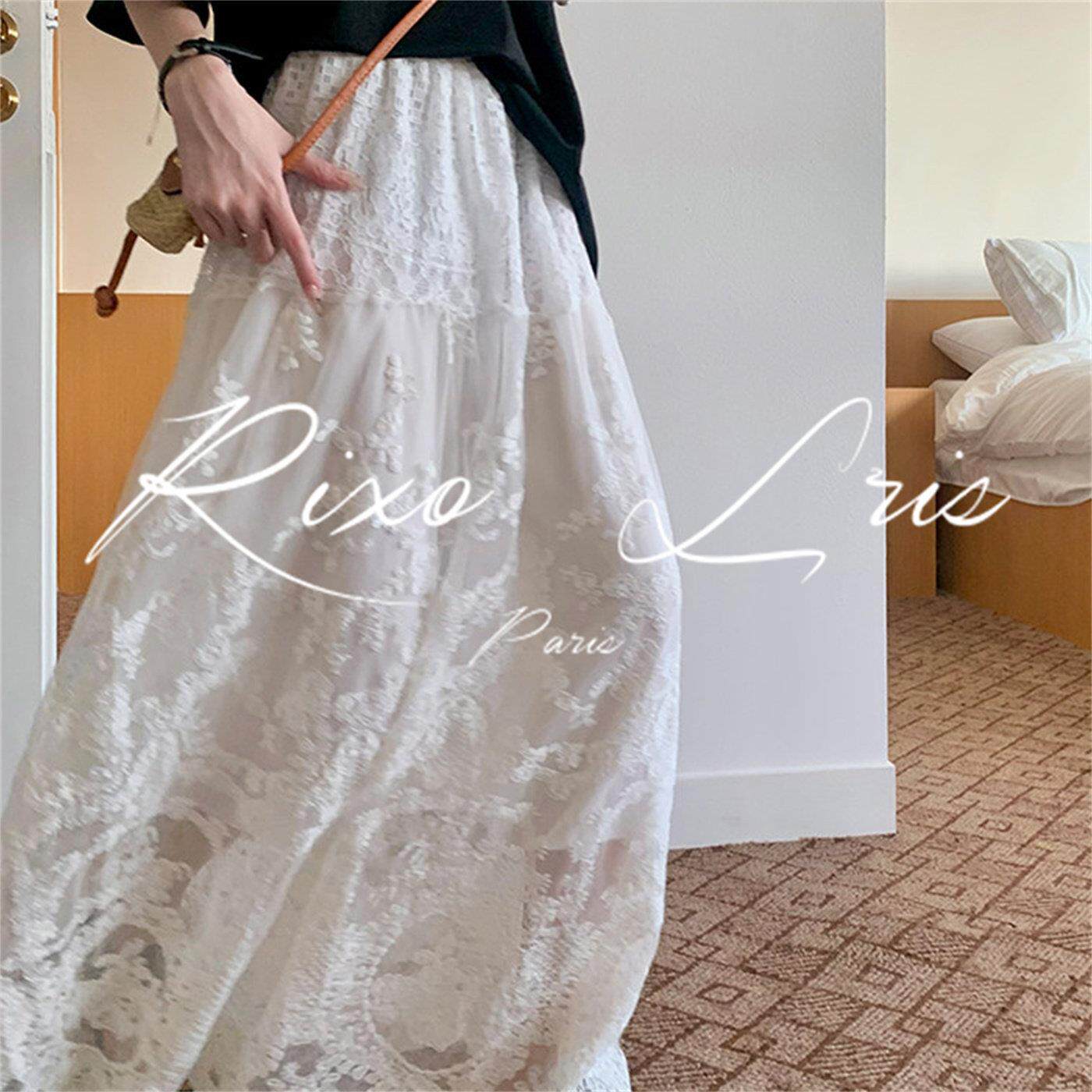 RIXO LRIS法式白色蕾丝半身裙女夏季设计感高腰显瘦大裙摆a字长裙