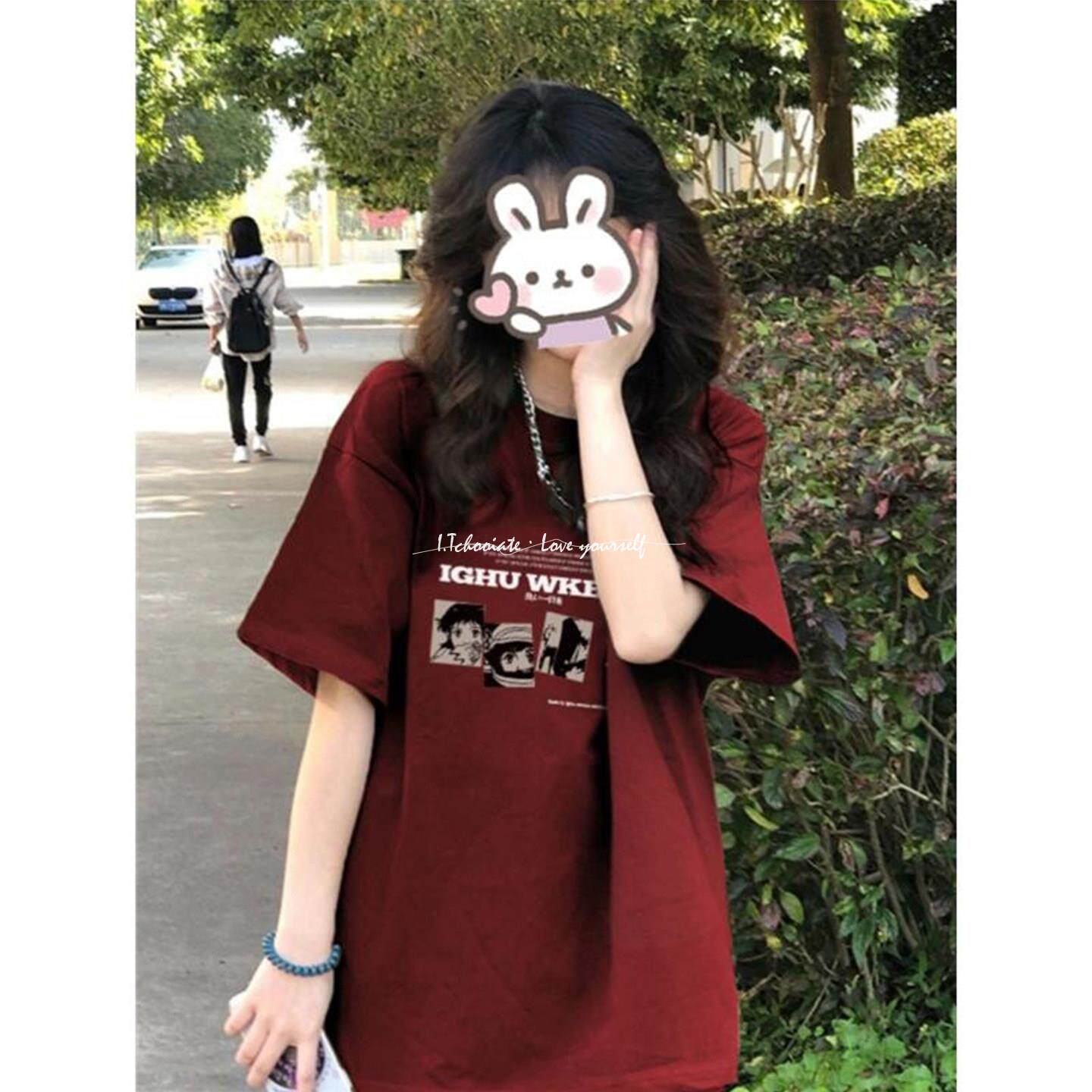 I.Tchooiate纯棉酒红色短袖t恤女2025夏款宽松美式半袖休闲上衣潮