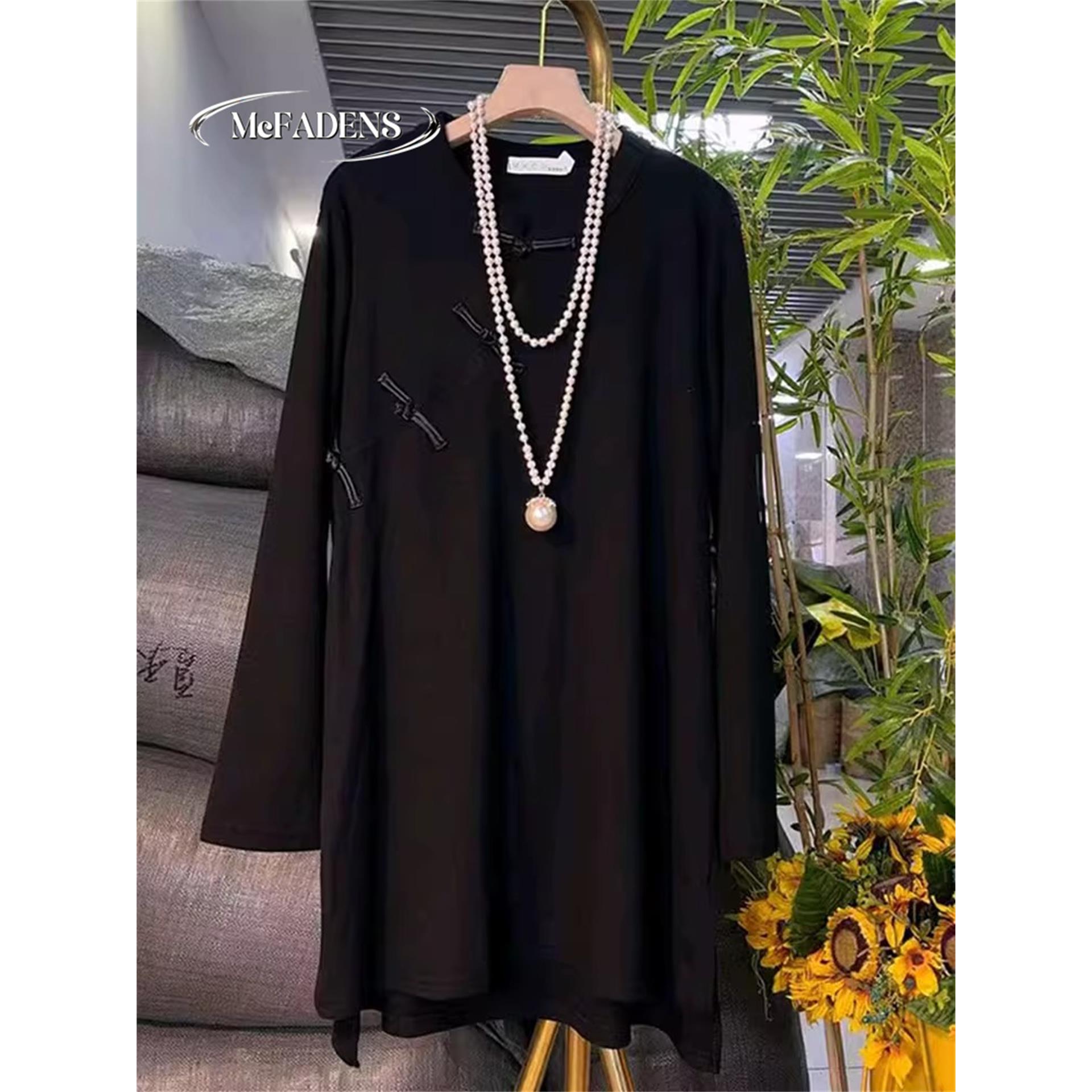 香港胖妹妹新款大码女装简约显瘦覆古打底衫上衣中式国风盘扣长衫