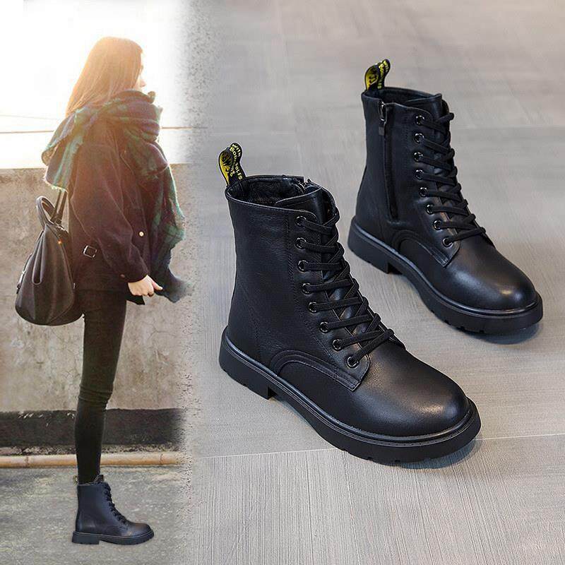 真皮流行女靴英伦风格2025新款秋冬羊毛衬万能平底鞋大尺寸黑色短,女鞋,马丁靴,淘宝优惠券,粉丝福利购,淘宝优惠卷