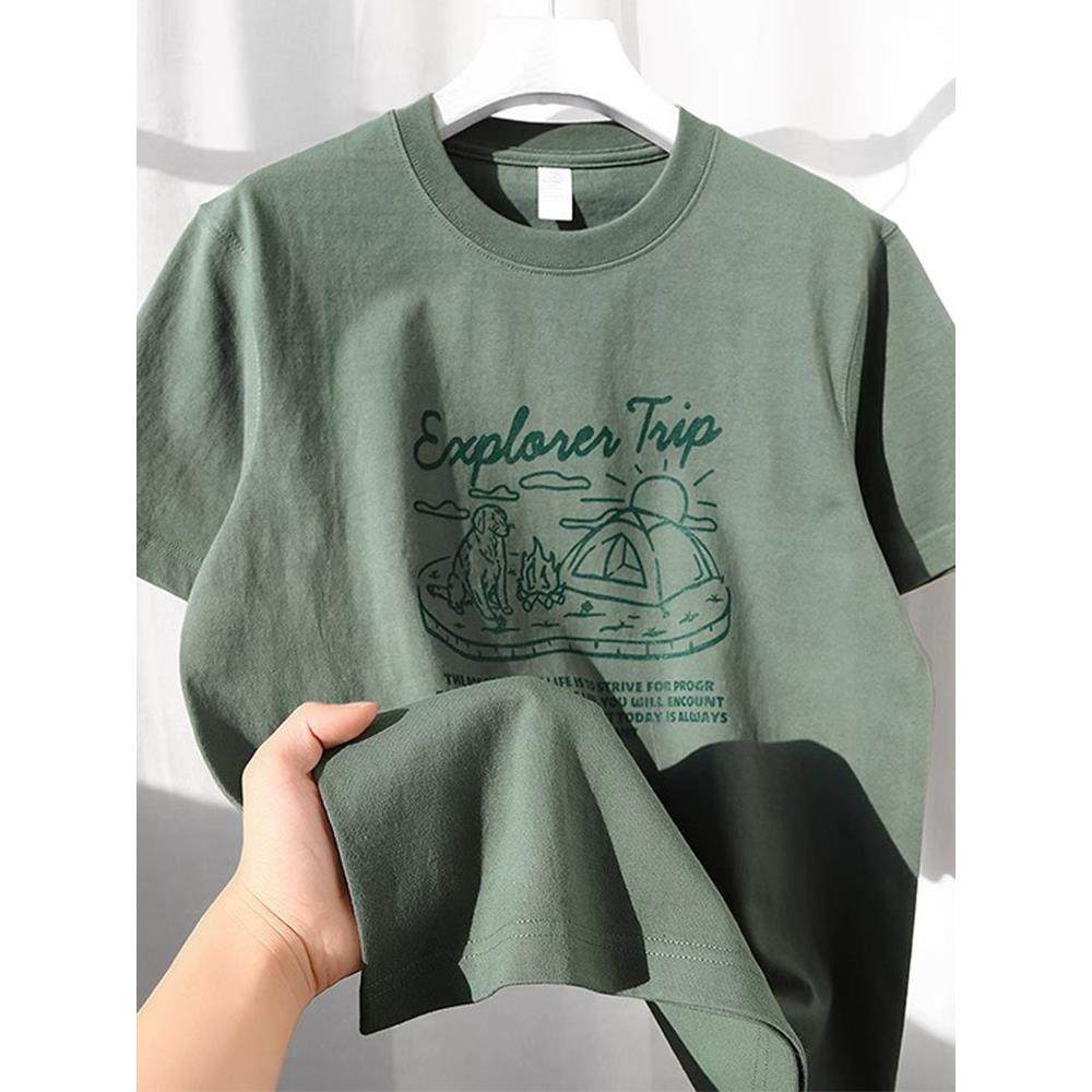 home daily 怎么穿都好看！青苔绿270g纯棉短袖男女款休闲印花T恤,男装,秀禾服,淘宝优惠券,粉丝福利购,淘宝优惠卷