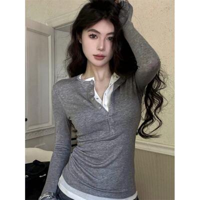 法式Rixo Kelly辣妹半开领假两件上衣女春正肩修身打底衫长袖T恤