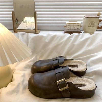 英国真皮厚底勃肯鞋女秋冬外穿2025新款舒适一脚蹬包头半拖鞋棉拖