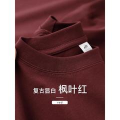 Vseazma覆古白枫叶红！300g重量级纯棉圆领男女酒红色多功能短袖t