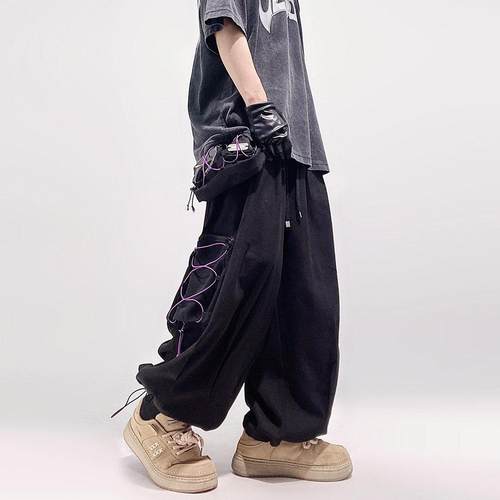 コーデュロイの潮牌美式阔腿工装裤男秋季宽松嘻哈束脚裤运动裤子