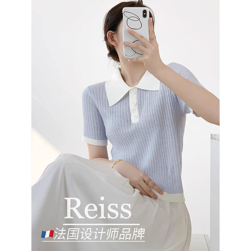 法国ReissShop心动预警?法式polo衫拼色翻领浅蓝色针织短袖上衣