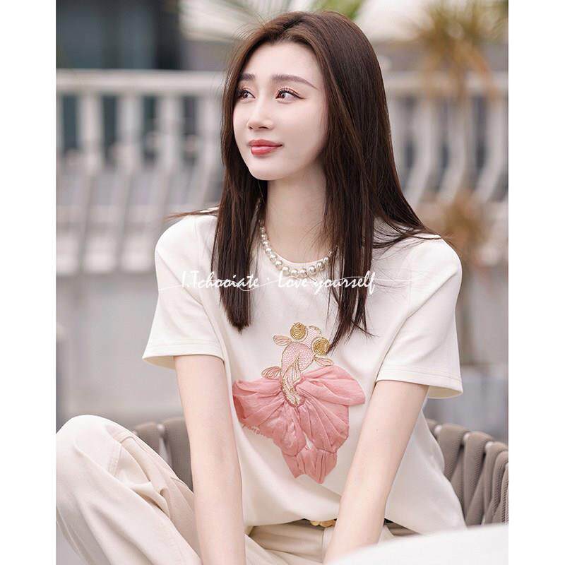 I.Tchooiate时尚印花刺绣锦鲤短袖T恤女2025夏款宽松小众休闲上衣