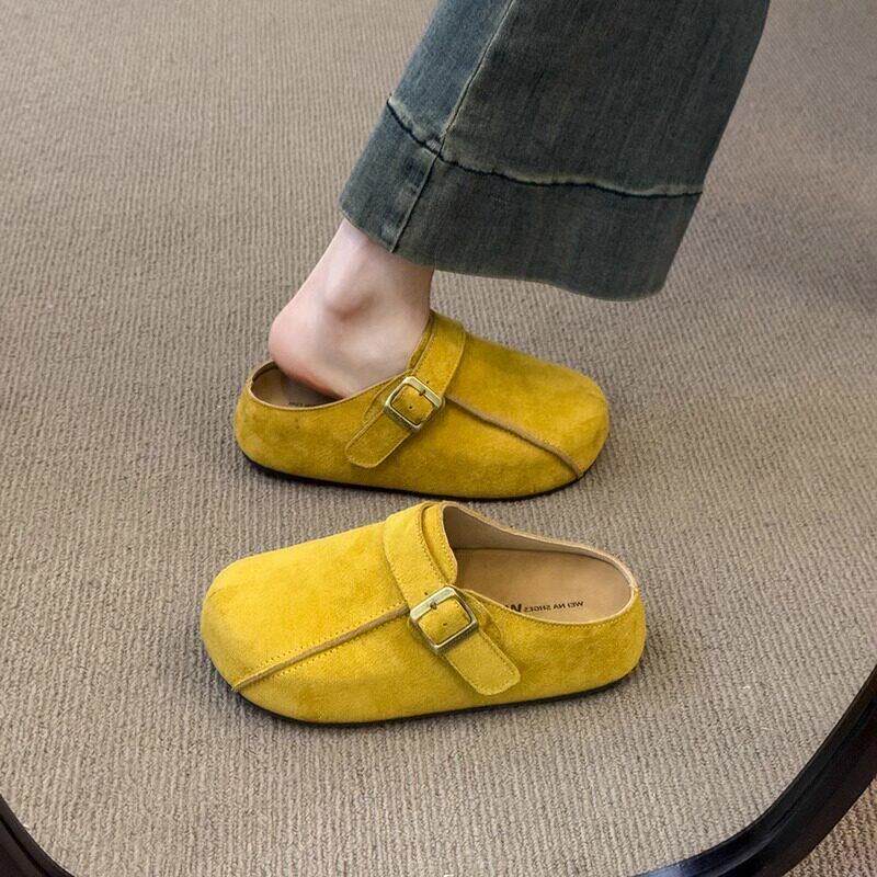 英国真皮黄色厚底包头半拖鞋女春秋外穿2026新款一脚蹬勃肯鞋单鞋
