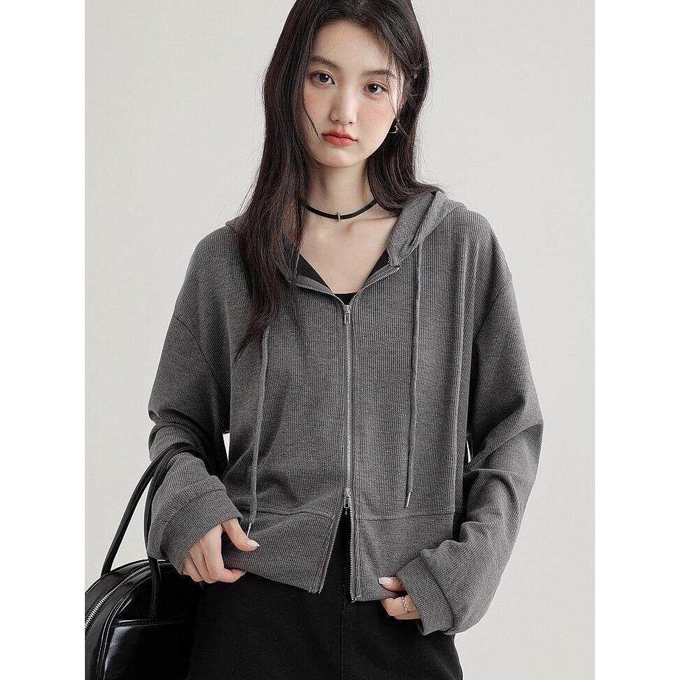 ROUJE SUNG轻奢灰色连帽拉链开衫卫衣外套女秋简约百搭宽松上衣