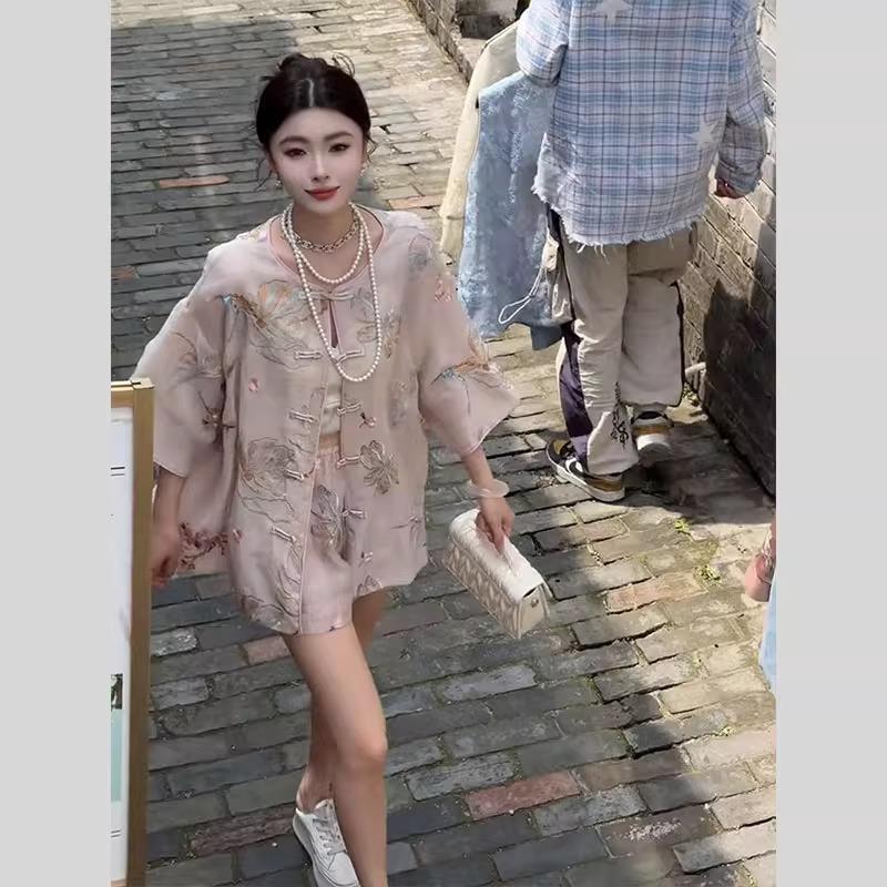 欧洲站夏季女装2025新款新中式国风套装高级感洋气减龄短裤两件套