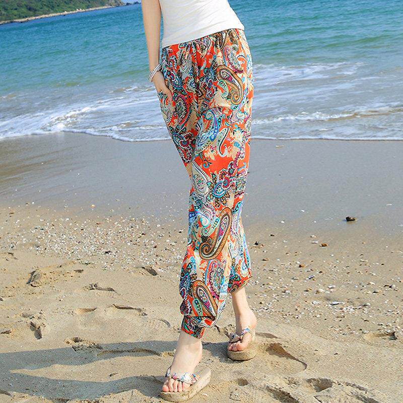薄款花裤子女夏季宽松休闲哈伦裤垂感阔腿裤沙滩灯笼裤防蚊裤长裤