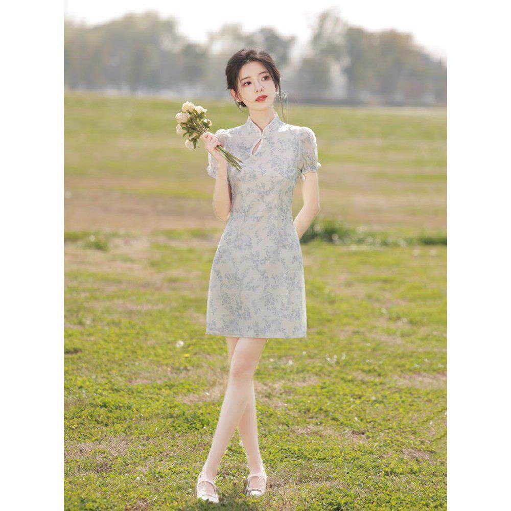 Chlenady蓝色新中国风旗袍夏季少女清新增白改良小花裙