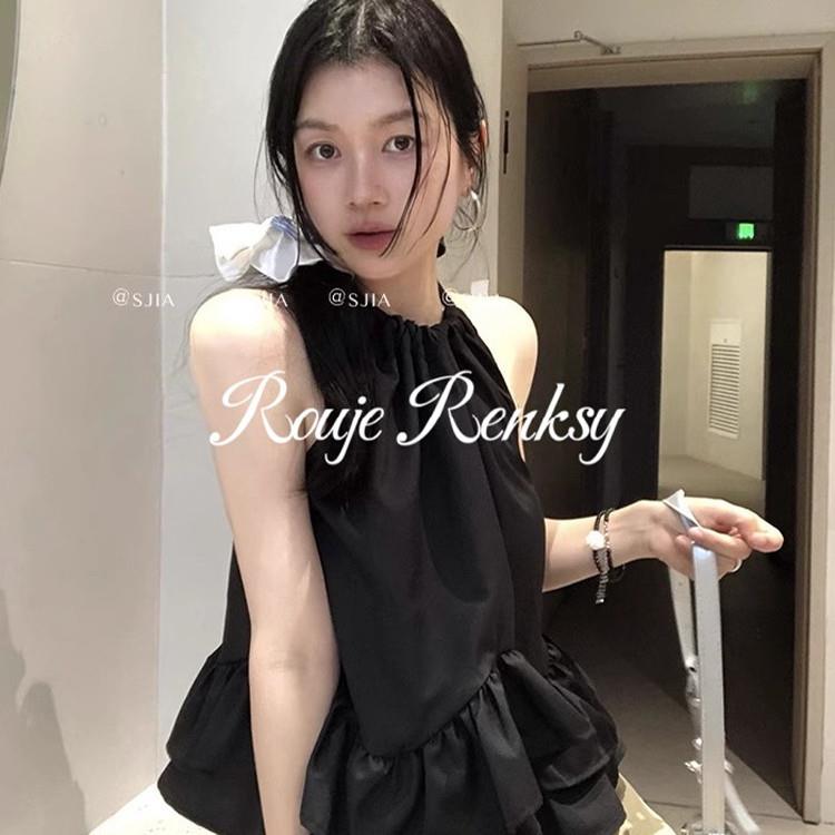 法国rouje renksy法式甜辣风挂脖无袖黑色背心拼接荷叶边衬衫女夏