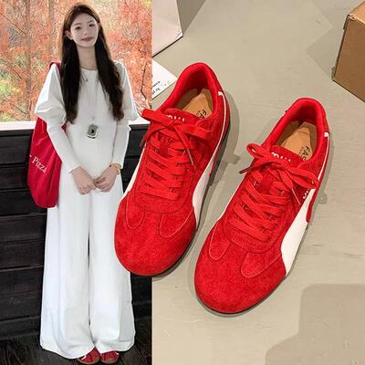 英国真皮厚底红色德训鞋女款秋冬2025新款平底休闲运动鞋阿甘板鞋