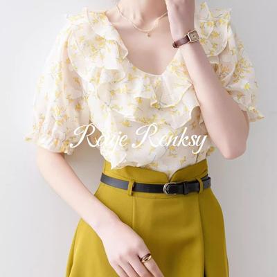 法国rouje renksy法式复古荷叶边设计感V领碎花短袖雪纺衬衫女夏