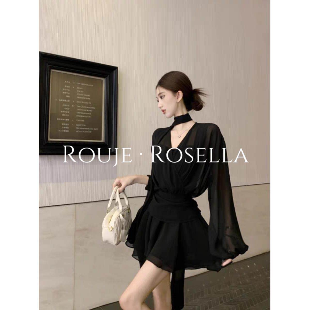 法国Rouje Rosella⭐法式长袖衬衫连衣裙女早秋性感百褶雪纺短裙
