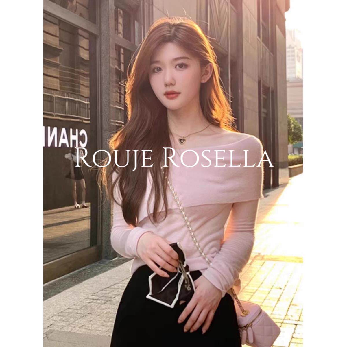 法国Rouje Rosella?一字肩毛衣女秋露肩针织打底衫性感修身上衣