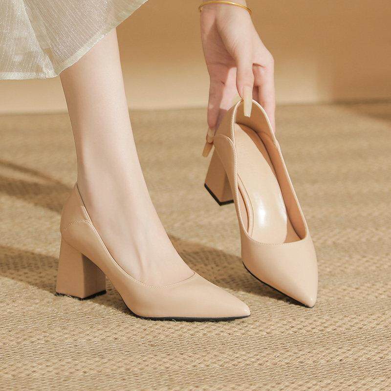 软皮高跟鞋女粗跟5cm2025新款尖头配裙子不磨脚米色中跟真皮单鞋