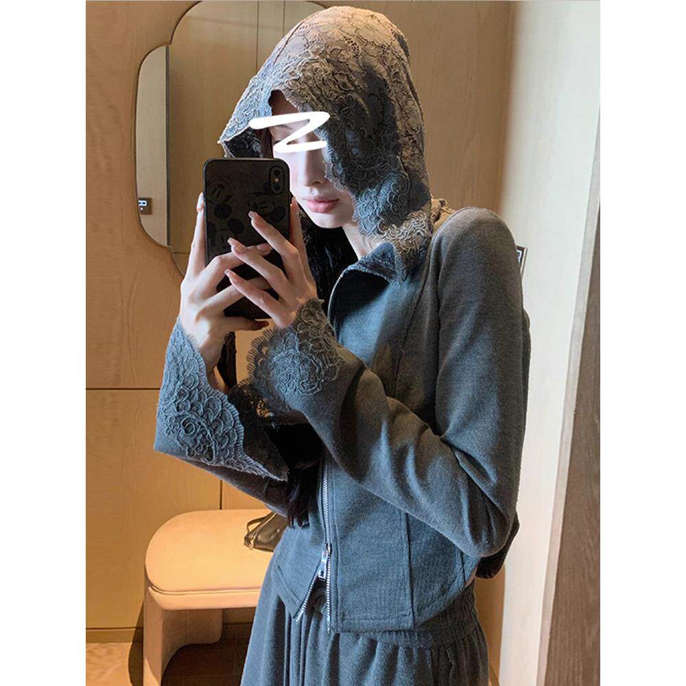欧洲站休闲运动套装女2025新款春秋季拼接蕾丝短款外套上衣阔腿裤