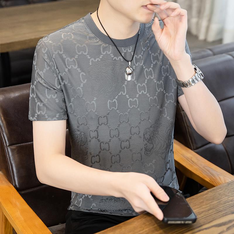 高端桑蚕丝短袖T恤男夏季薄款圆领2025新款提花冰丝速干男士半袖