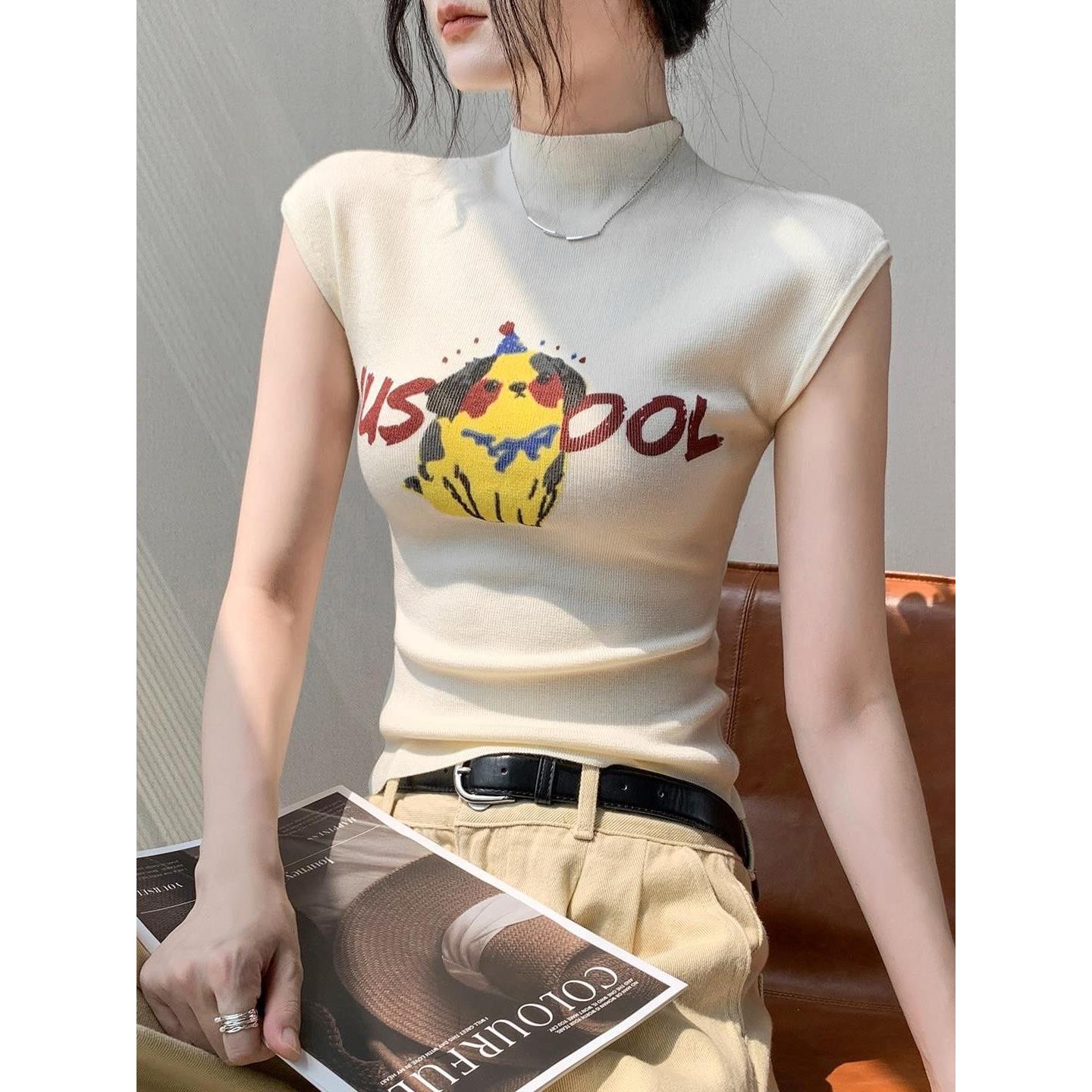 半高领印花无袖针织背心女2025年秋季新款修身显瘦坎肩内搭打底衫