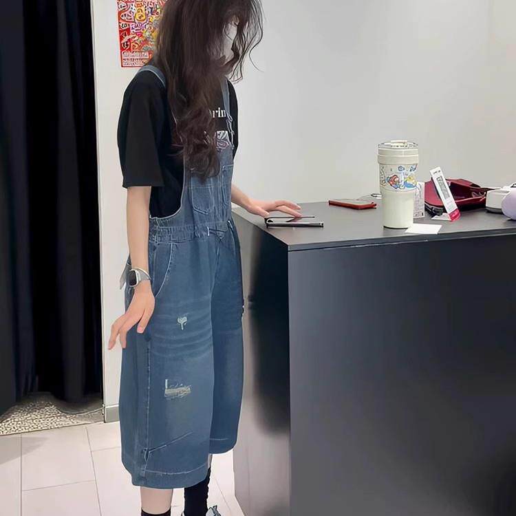 米兰风MDCW复古牛仔背带裤女2025春秋新款小个子宽松慵懒风八分裤