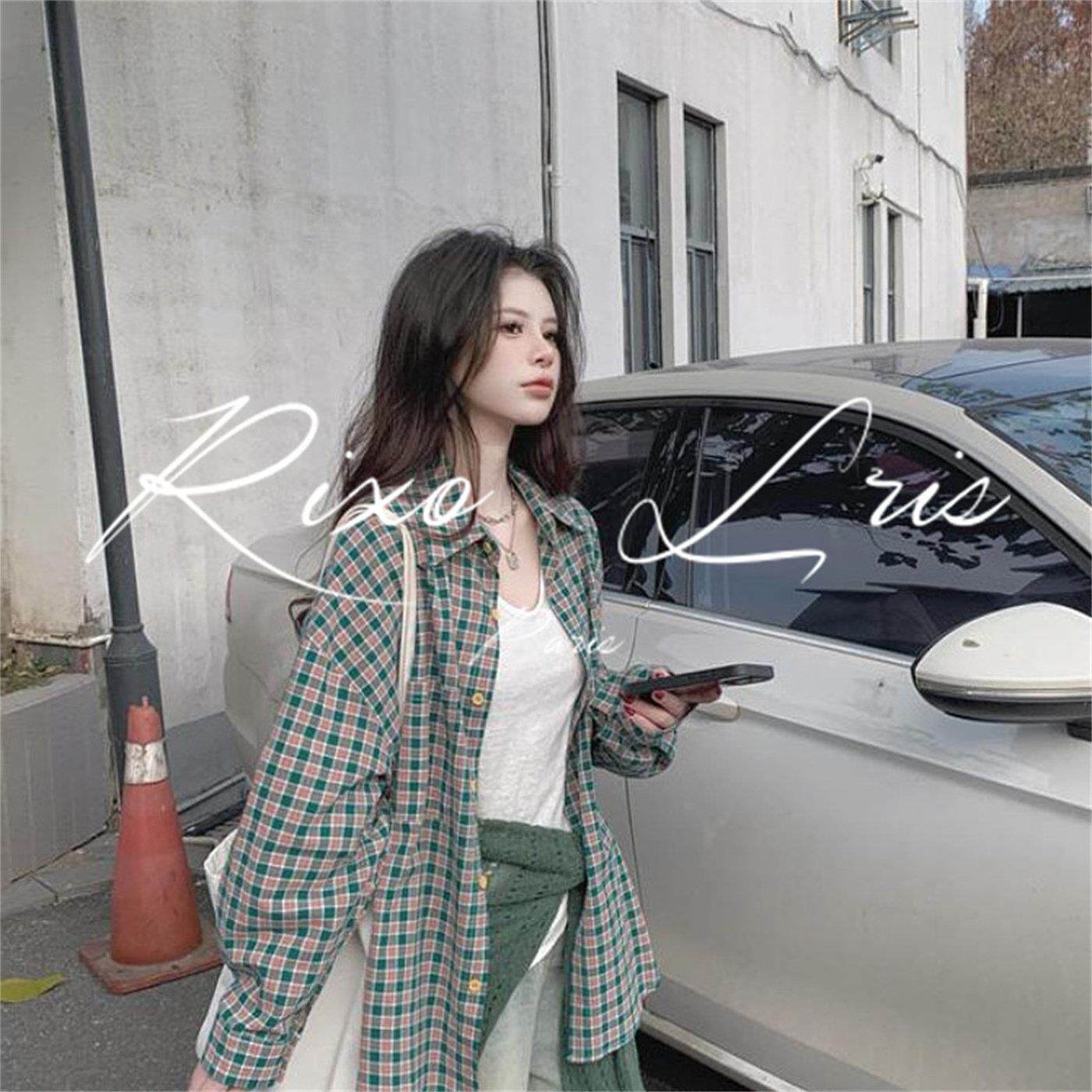 RIXO LRIS法式廓形绿色格纹衬衫外套女春夏防晒宽松格子长袖衬衣