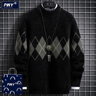 潮牌男士半高领毛衣冬季新款加绒加厚保暖中领假两件打底针织衫潮