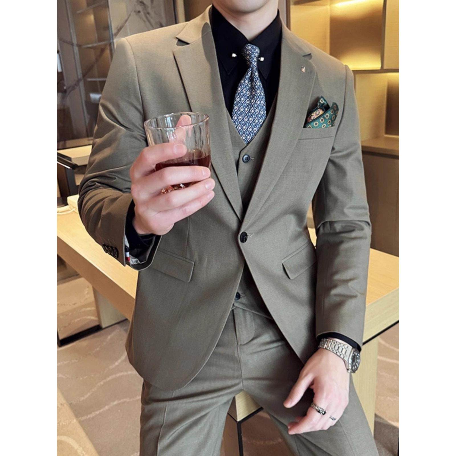 LL男装西服男套装高级感英伦风休闲垂感通勤简约西装礼服灰绿色潮