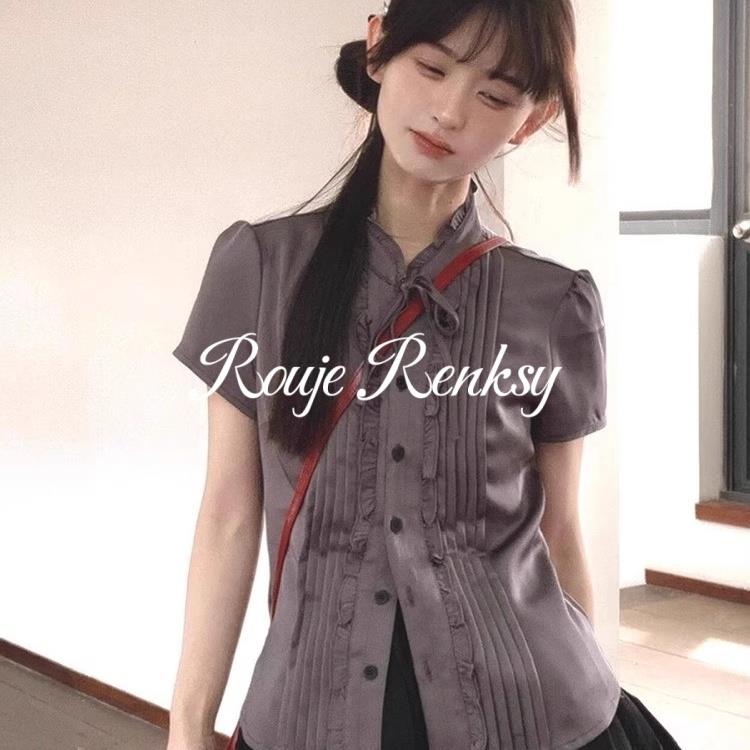 法国rouje renksy法式减龄风木耳边系带小立领设计短袖衬衫女夏季