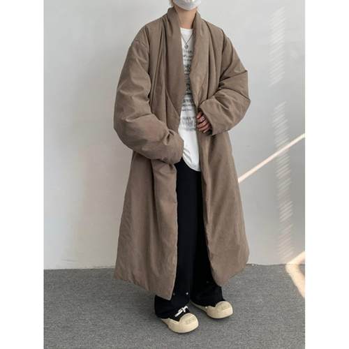 コーデロイの潮牌长款羽绒棉服男冬季绒面过膝长袍白鸭绒大码棉衣