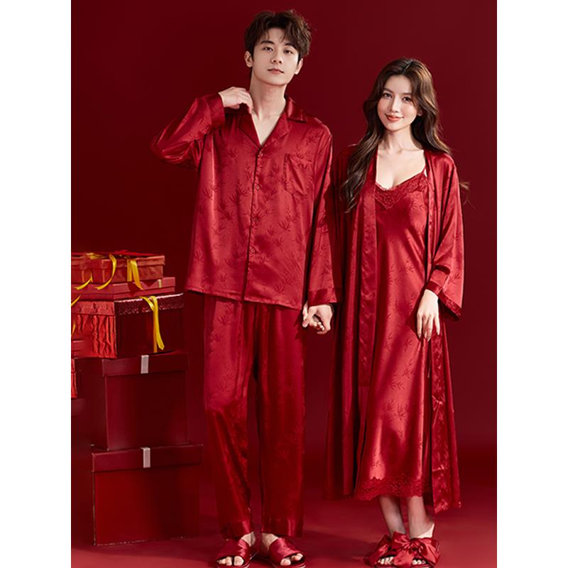 维多利亚春秋红色结婚真丝睡衣男女新婚情侣套装晨袍新郎新娘婚礼