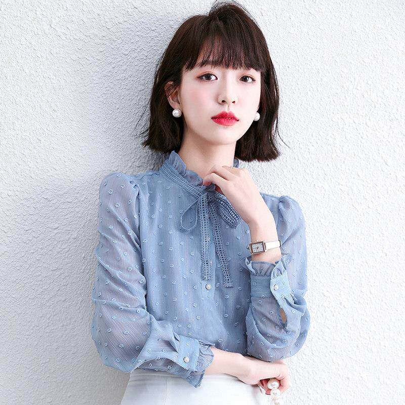 长袖衬衫女春秋新款韩版洋气设计感小众甜美气质泡泡袖雪纺上衣女