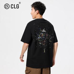 香港CLG潮牌涂鸦漆点印花短袖T恤男生纯棉休闲圆领半袖打底衫黑色