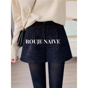 胖mm阔腿高腰显瘦A字靴裤 ROUJE 大码 女秋冬季 NAIVE黑色灯芯绒短裤