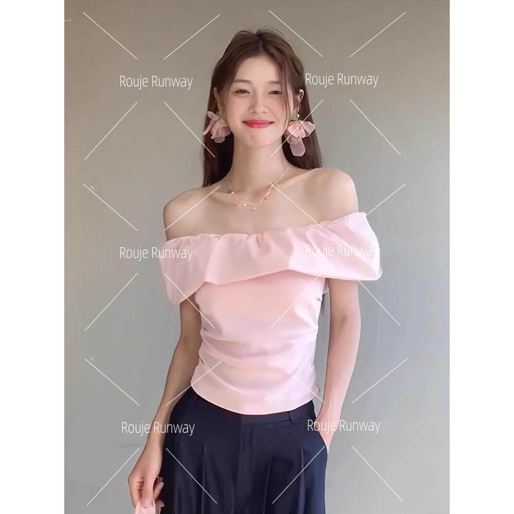 法式Rouje Runway纯欲粉一字肩荷叶边短袖T恤女夏淑女露肩上衣女
