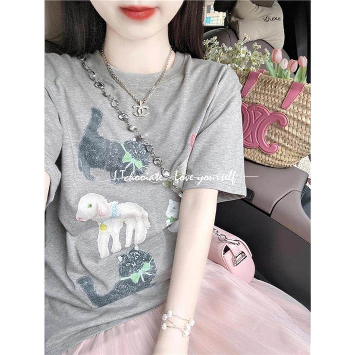 精致的花灰色小众印花短袖女式t恤2025夏季宽松休闲百搭上衣时髦